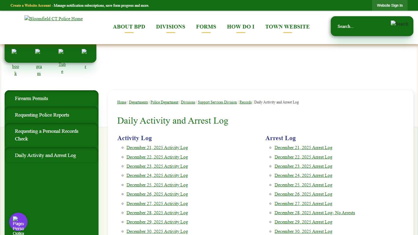 Daily Activity and Arrest Log Bloomfield, CT